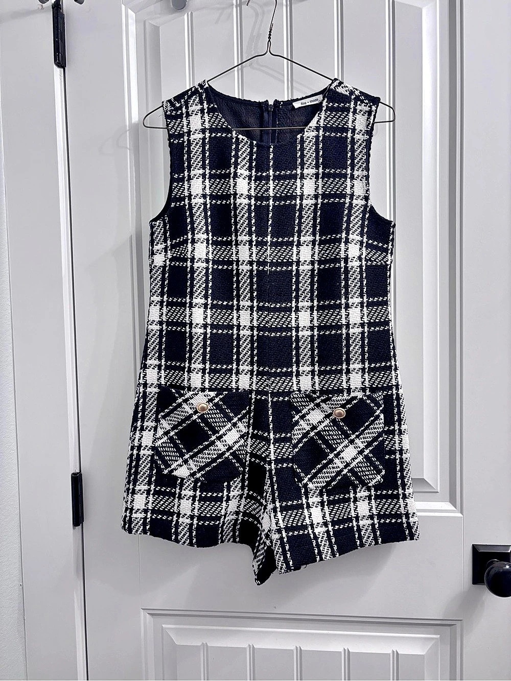 Day + Moon Tweed Romper Plaid Romper in Black & White NWT